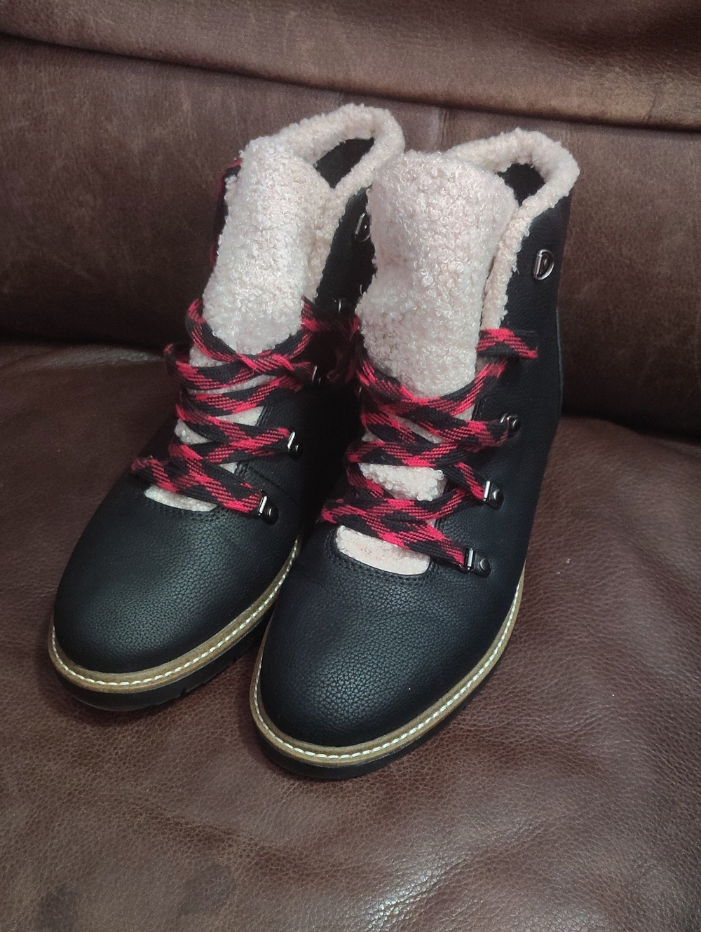 Women’s Black Faux-Fur Lined Hiker Boots with Pink Accents$45